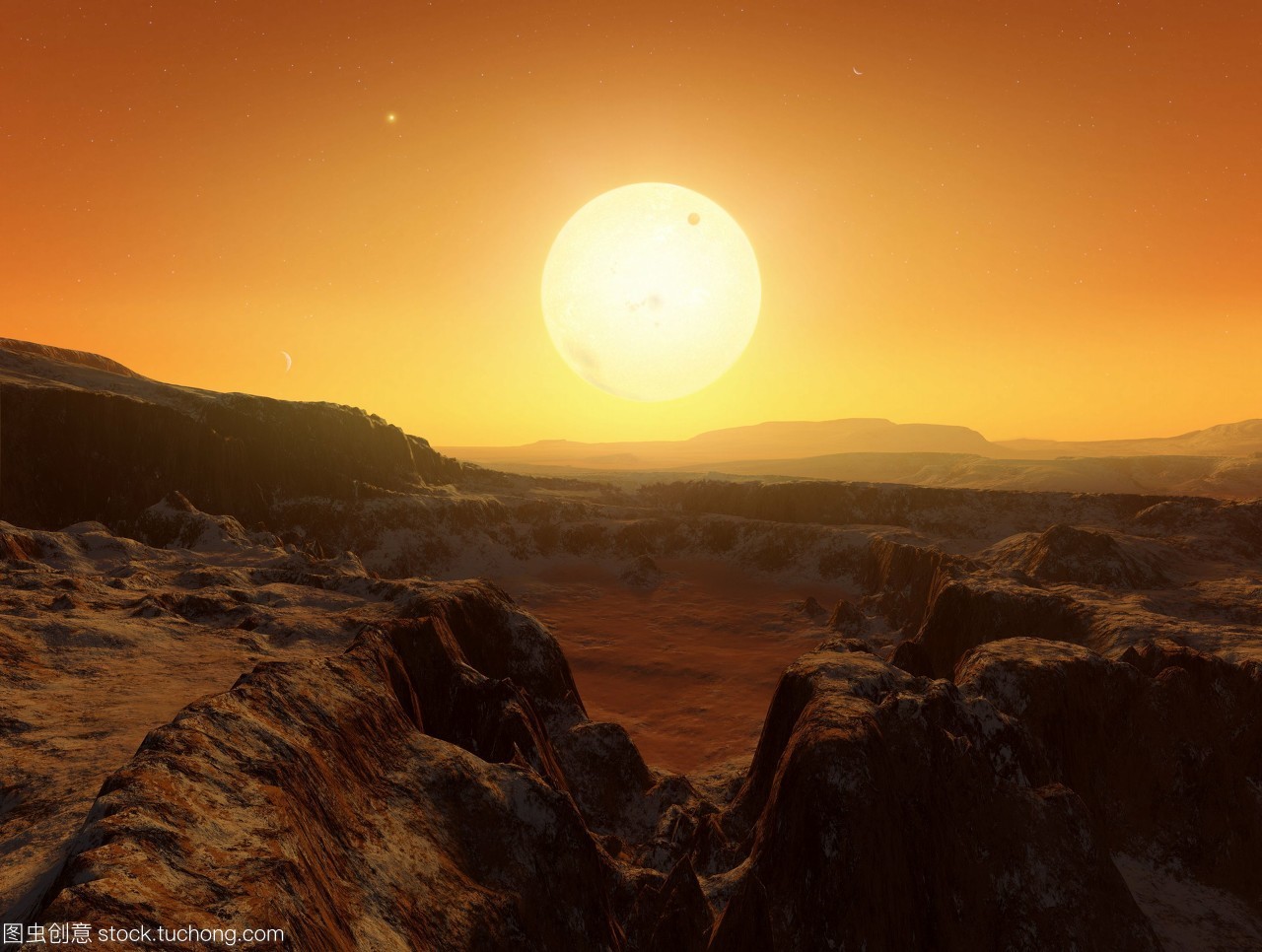 陌生的风景。在一个假想的外星星球上,对半人马座双星系统的一种观点的计算机艺术。半人马座阿尔法星系距离太阳44光年,由两个类似太阳的恒星组成,相隔30多亿公里半人马座阿尔法星中心,大可以在地平线上看到,而b右上则是远处的一个亮点。月亮暗斑可以看到轨道恒星a。